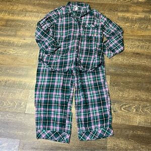Victoria’s Secret PJ Set Thin Lightweight Flannel Plaid Green Pink Womens Large